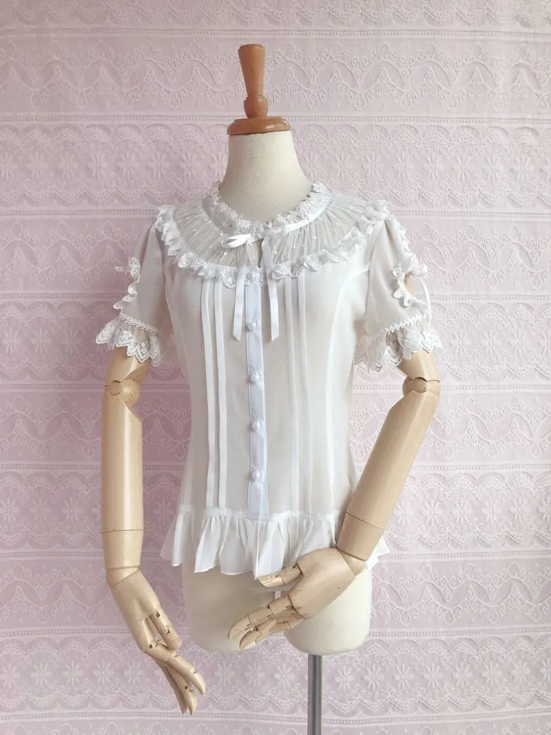 Instant Shipping! Ruffled Collar Short Sleeve With Heart Cut Outs Blouse