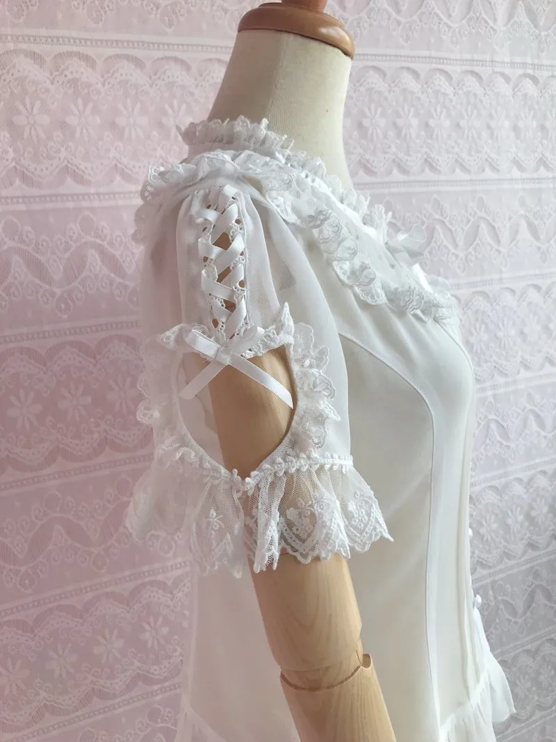 Instant Shipping! Ruffled Collar Short Sleeve With Heart Cut Outs Blouse