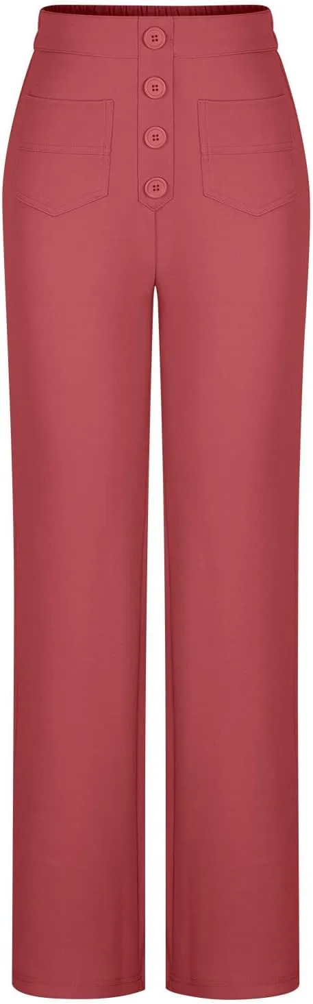 JOAU Womens 2024 Summer High Waisted Straight Leg Pants Fashion Button Decorated Casual Stretchy Trousers with Front Pockets