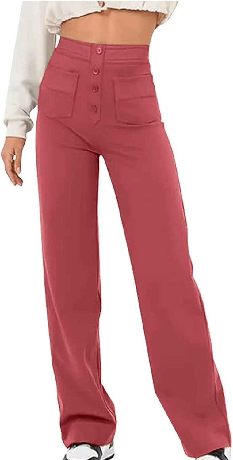 JOAU Womens 2024 Summer High Waisted Straight Leg Pants Fashion Button Decorated Casual Stretchy Trousers with Front Pockets