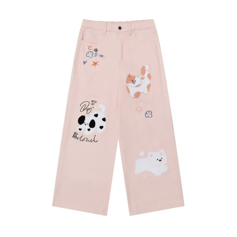 Kawaii kitten embroidered jeans