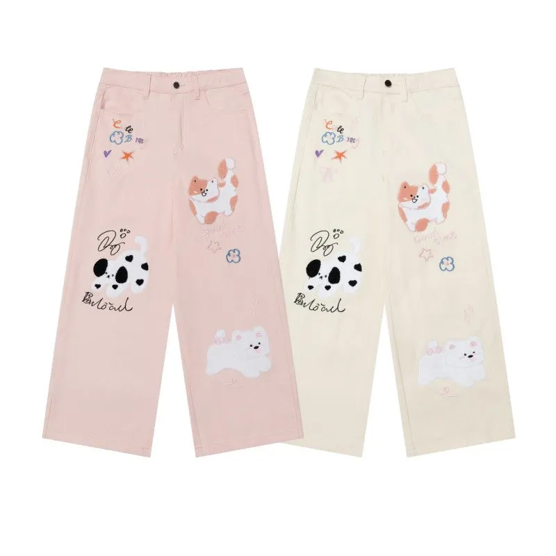 Kawaii kitten embroidered jeans