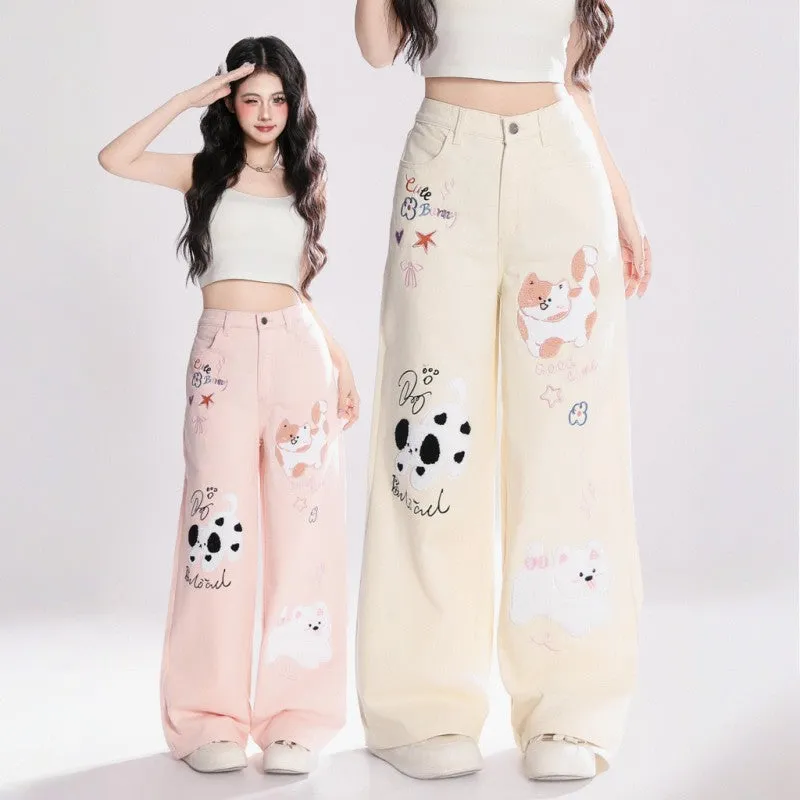 Kawaii kitten embroidered jeans
