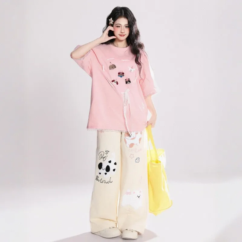 Kawaii kitten embroidered jeans