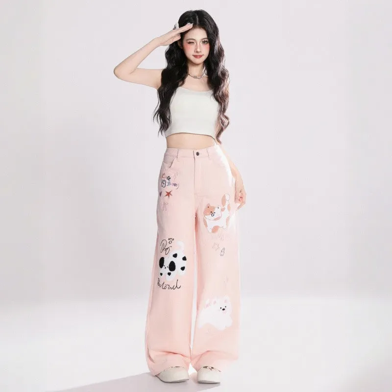 Kawaii kitten embroidered jeans