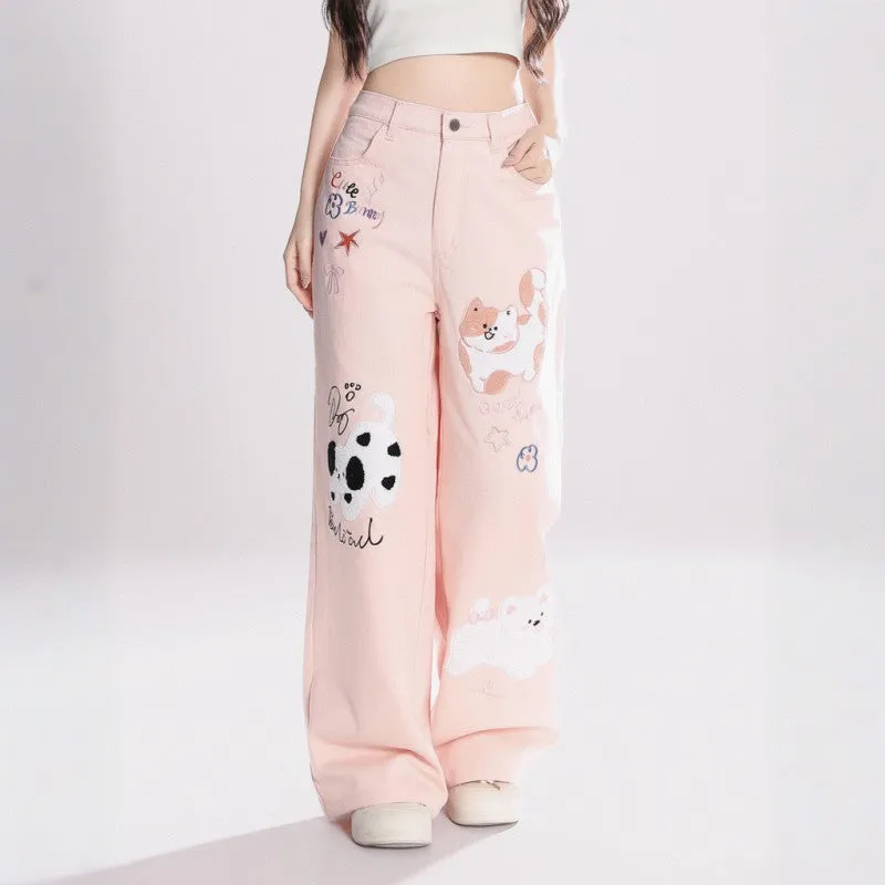 Kawaii kitten embroidered jeans