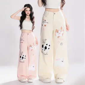 Kawaii kitten embroidered jeans