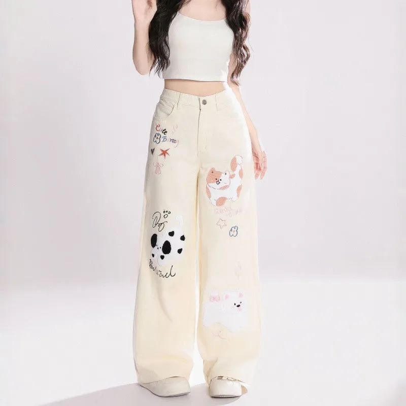 Kawaii kitten embroidered jeans