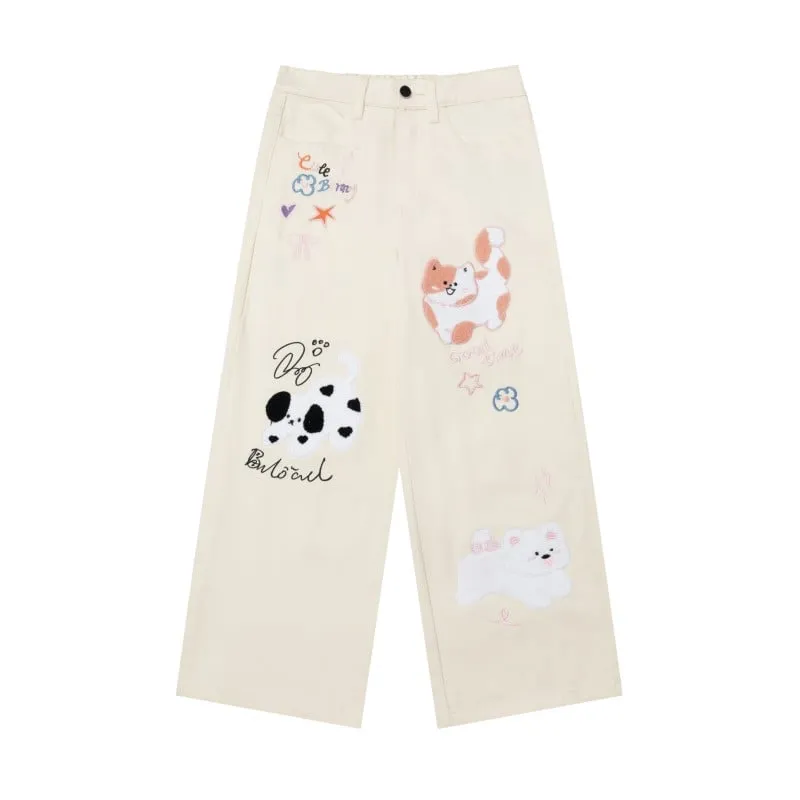 Kawaii kitten embroidered jeans