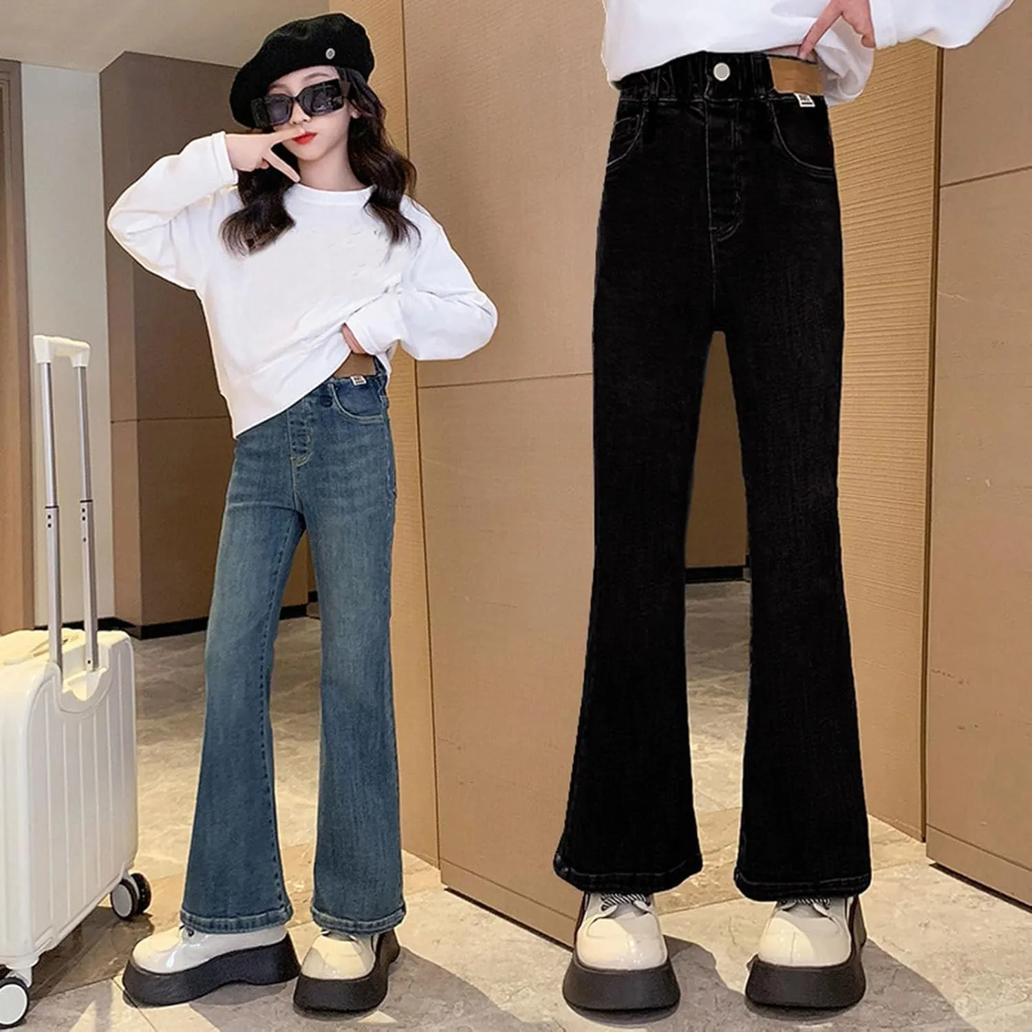 Kids Girls Casual Baggy Wide Leg Denim Pants Elastic Waist Casual Jeans Flare Jeans Girls Fashion Baggy Jeans