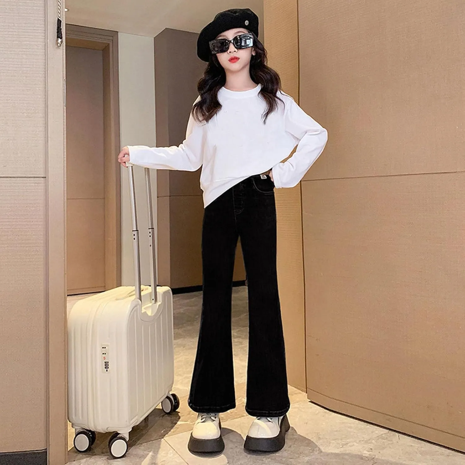 Kids Girls Casual Baggy Wide Leg Denim Pants Elastic Waist Casual Jeans Flare Jeans Girls Fashion Baggy Jeans