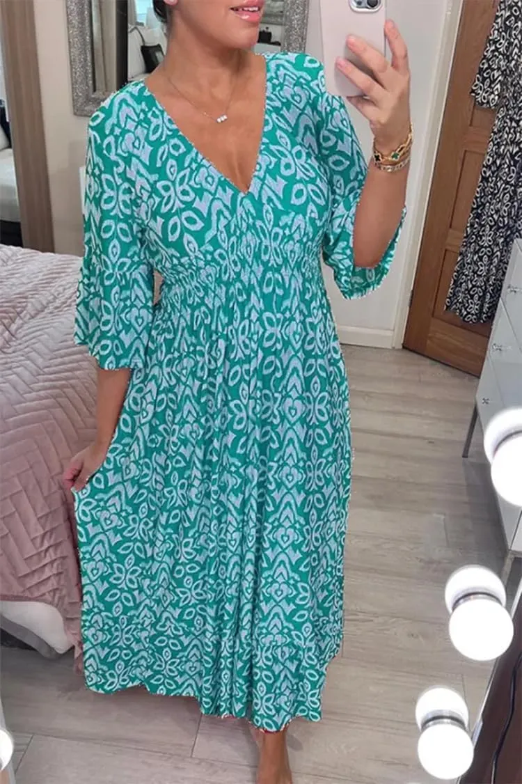 Ladies V Neck Half Sleeve Floral Elegant Dress Elastic Waist Ankle Length Beach Vacation Flowy Loose Fitting Long Dress