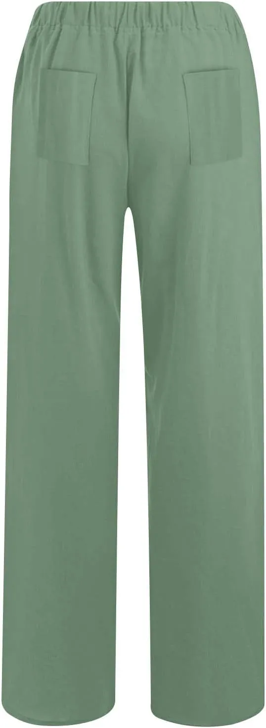 Linen Pants for Women Summer Solid Elastic Waist Wide Leg Loose Casual Vacation Beach Gauze Palazzo Pant with Pockets