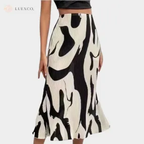Luexco Pleated Print Retro Style Midi Skirt
