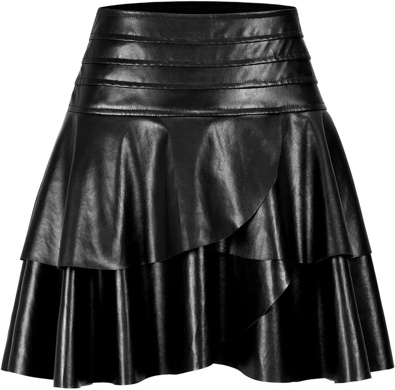 Lu's Chic Women's Faux Leather Skirt Mini PU Skirts Pleated High Wiated A Line Ruffle Casual Summer Party Fashion