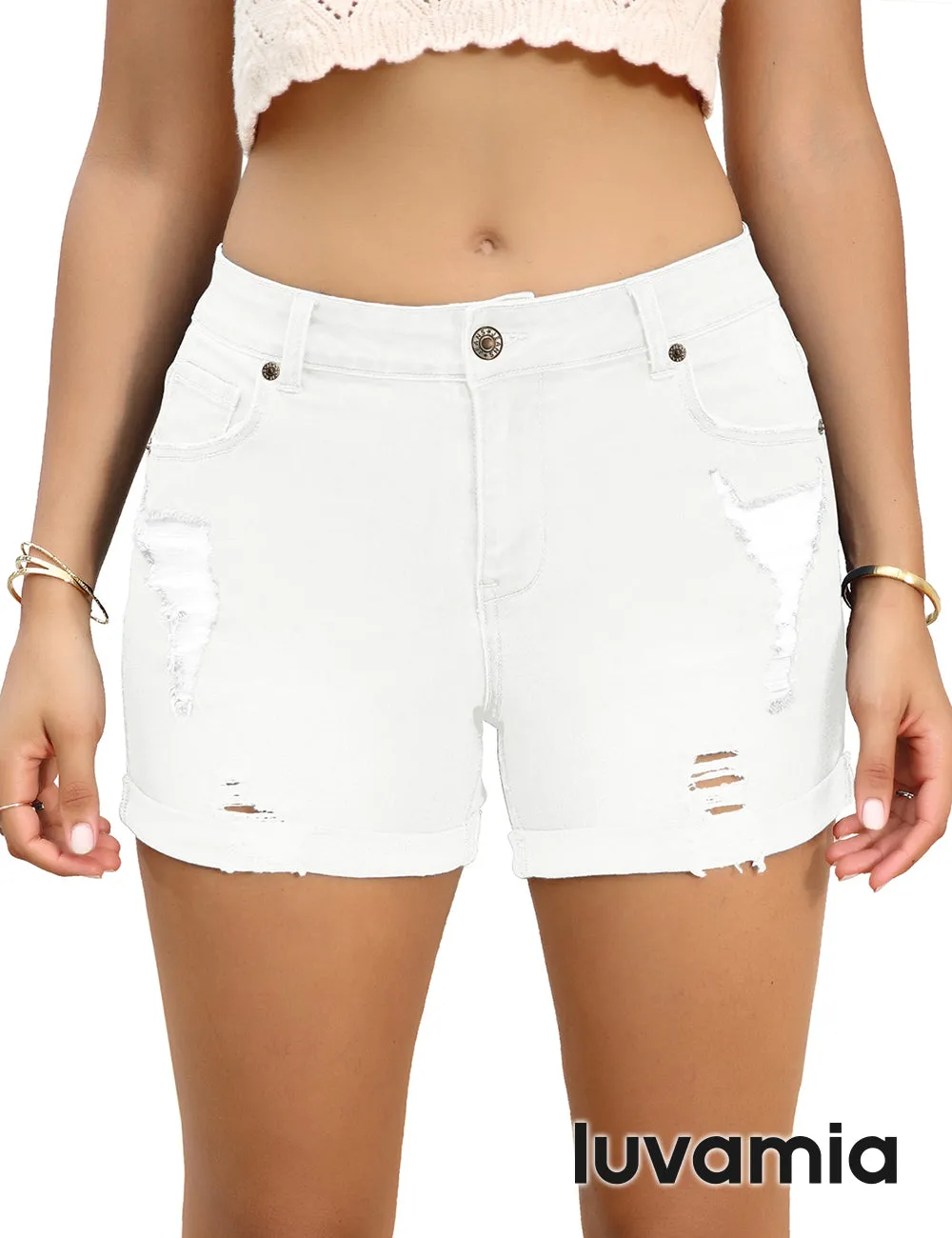 luvamia Women's Casual Mid Rise Denim Shorts Stretch Ripped Raw Hem Jean Shorts