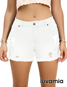 luvamia Women's Casual Mid Rise Denim Shorts Stretch Ripped Raw Hem Jean Shorts