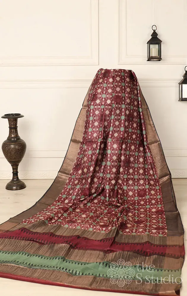 Maroon printed tussar saree with zari border