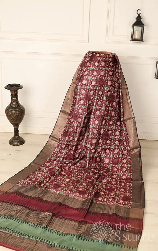 Maroon printed tussar saree with zari border