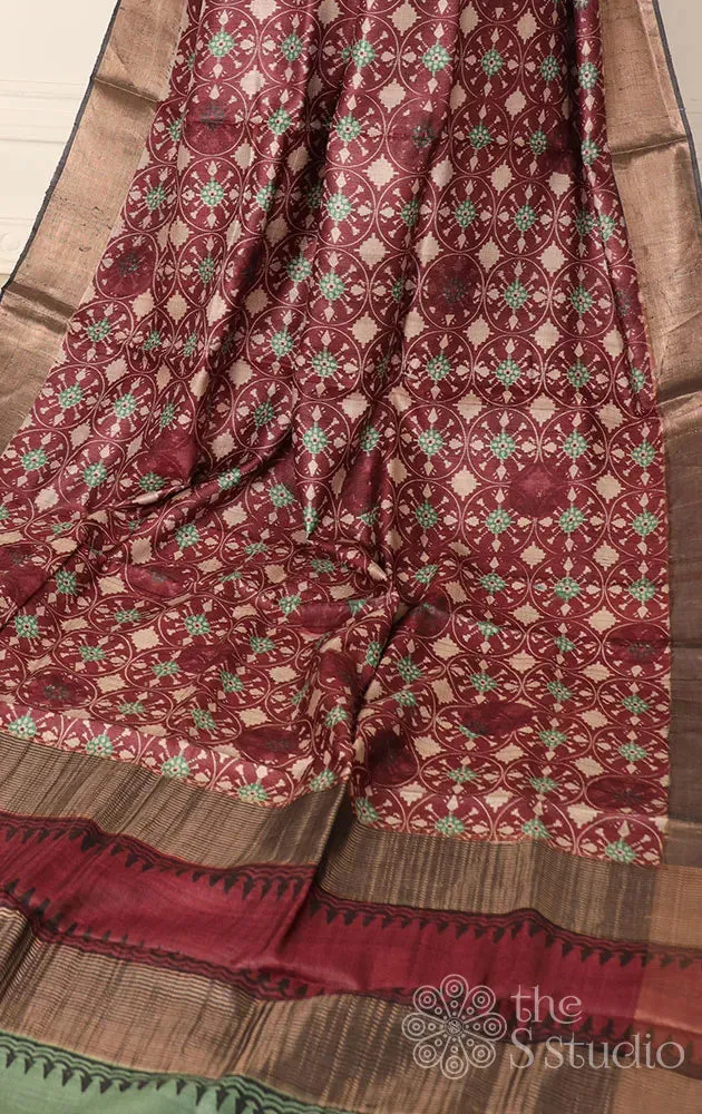 Maroon printed tussar saree with zari border