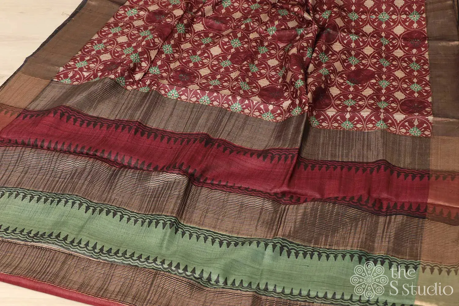 Maroon printed tussar saree with zari border