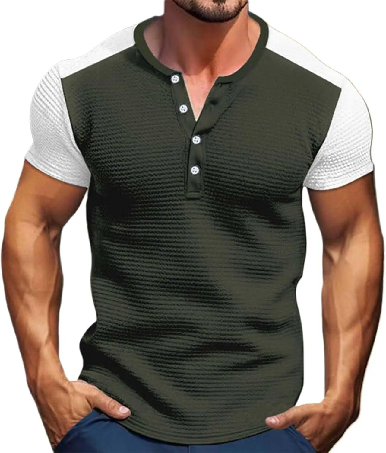 Men's Color Block Waffle Knit Henley Shirt Short Sleeve Button Down Round Neck Vacation Wear Breathable Holiday Stylish Top