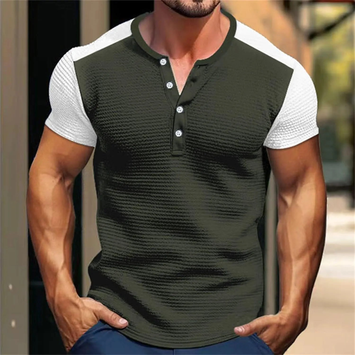 Men's Color Block Waffle Knit Henley Shirt Short Sleeve Button Down Round Neck Vacation Wear Breathable Holiday Stylish Top