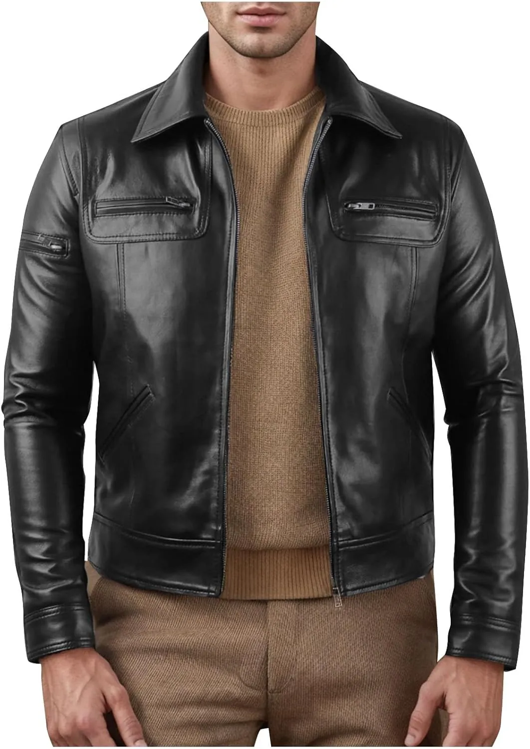 Mens Cropped Faux Leather Jacket Fall Fashion Casual Lightweight Coat Motorcycle Biker Bomber Jacket with Pocket