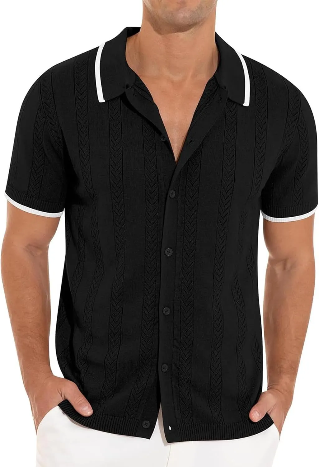 Men's Knit Openwork Shirt Button Down Short Sleeve Casual Top Breathable Solid Color Lapel Summer Holiday Loose Fit Beachwear