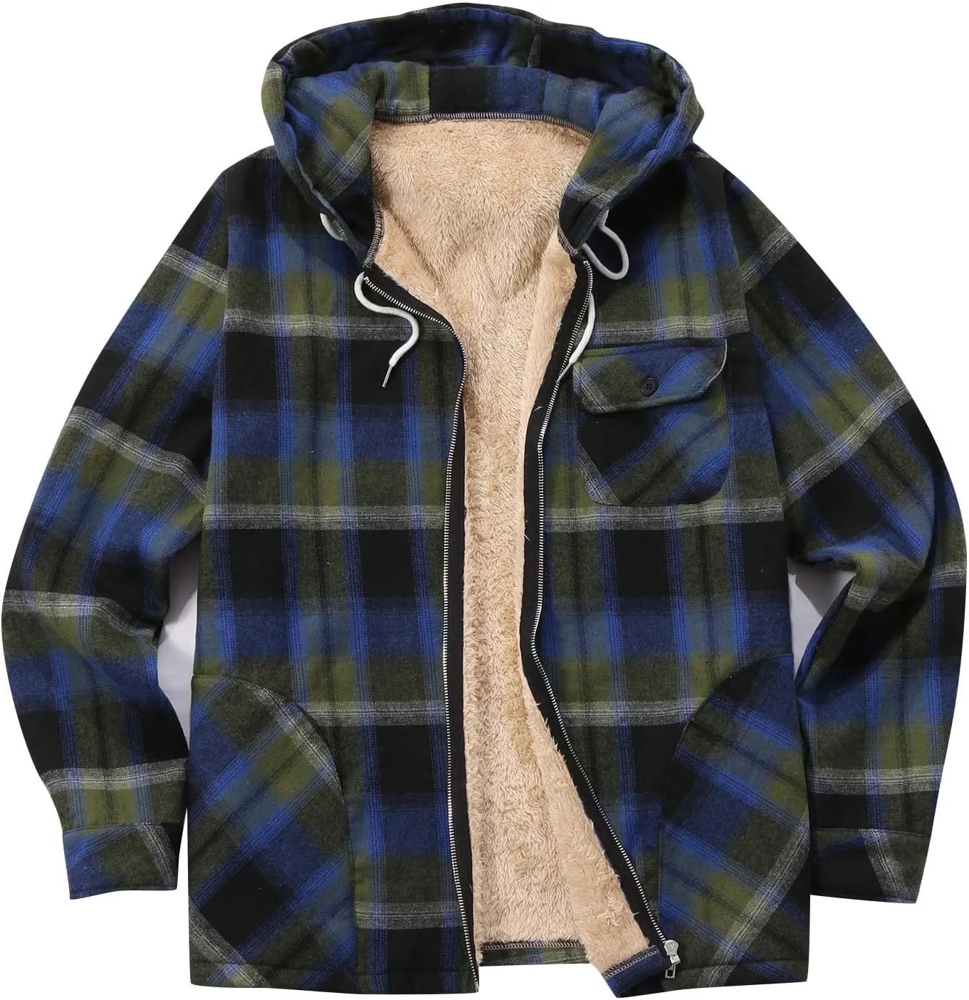 Men's Sherpa Lined Plaid Hoodies Full Zip Hooded Shirt Jacket Thick Fleece Flannel Jackets Soft Warm Coat with Hood