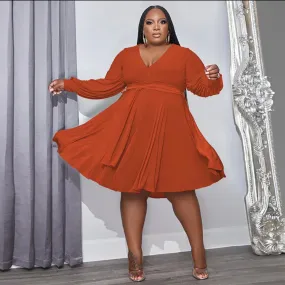 Midi Long Sleeve Flowy Dress-Orange