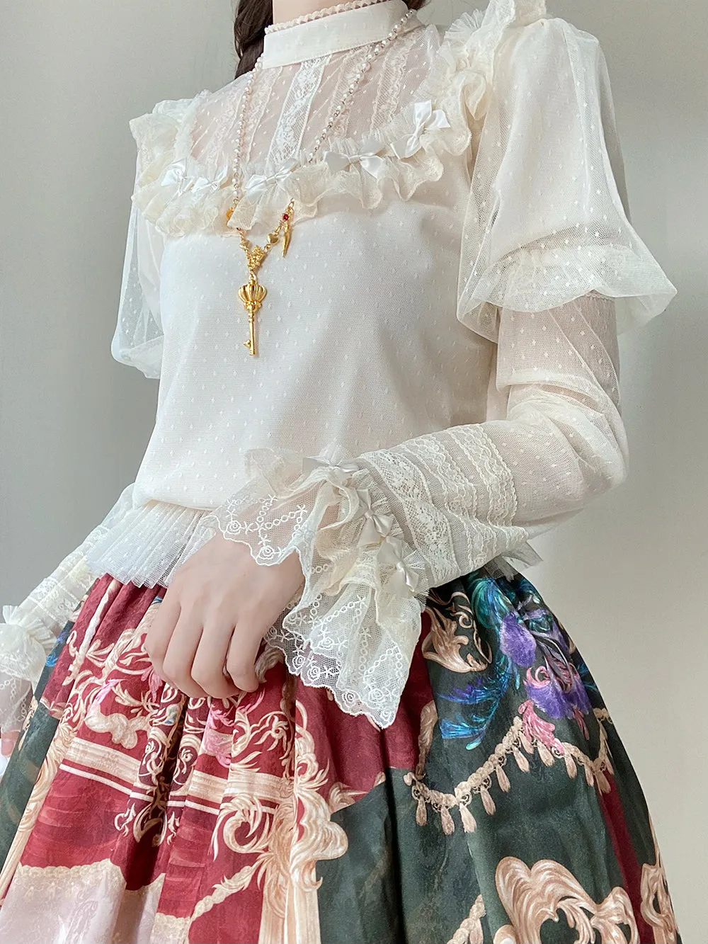 Miss Point~Kaleidoscope~Classical Lolita Shirt Dot Gauze Detachable Puff Sleeve Blouse Customized