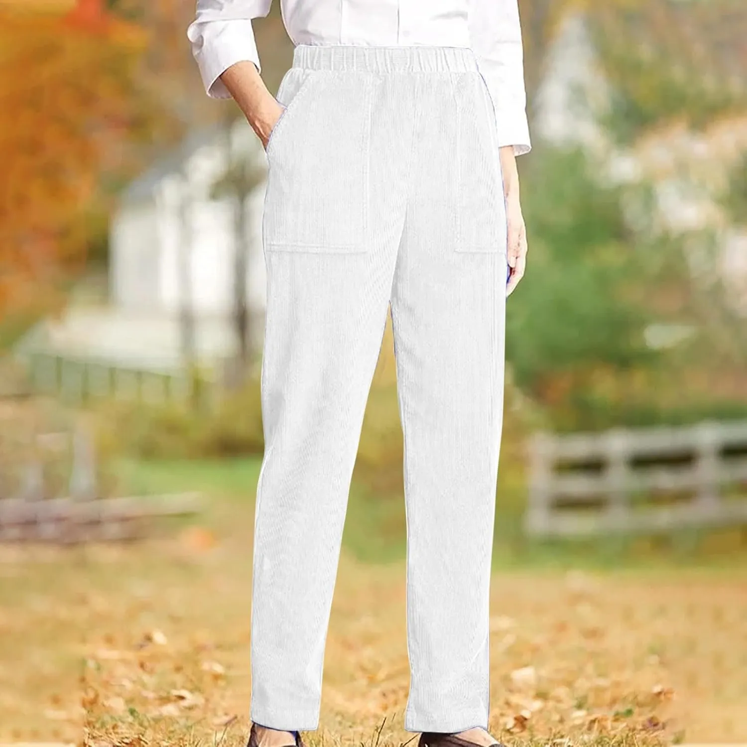 NATHGAM Corduroy Pants Womens Elastic High Waisted Pants Baggy Stretchy Straight Leg Pants Solid Comfy Trousers with Pockets
