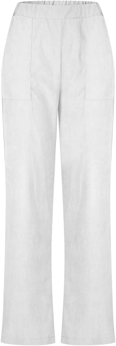 NATHGAM Corduroy Pants Womens Elastic High Waisted Pants Baggy Stretchy Straight Leg Pants Solid Comfy Trousers with Pockets