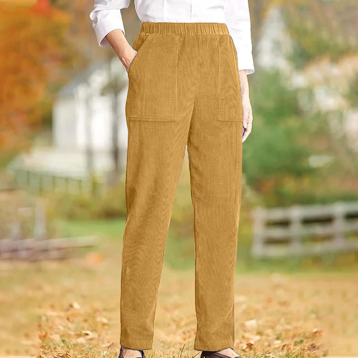 NATHGAM Corduroy Pants Womens Elastic High Waisted Pants Baggy Stretchy Straight Leg Pants Solid Comfy Trousers with Pockets