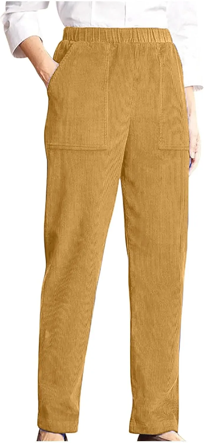 NATHGAM Corduroy Pants Womens Elastic High Waisted Pants Baggy Stretchy Straight Leg Pants Solid Comfy Trousers with Pockets