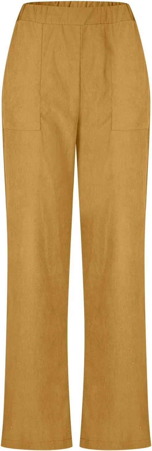 NATHGAM Corduroy Pants Womens Elastic High Waisted Pants Baggy Stretchy Straight Leg Pants Solid Comfy Trousers with Pockets