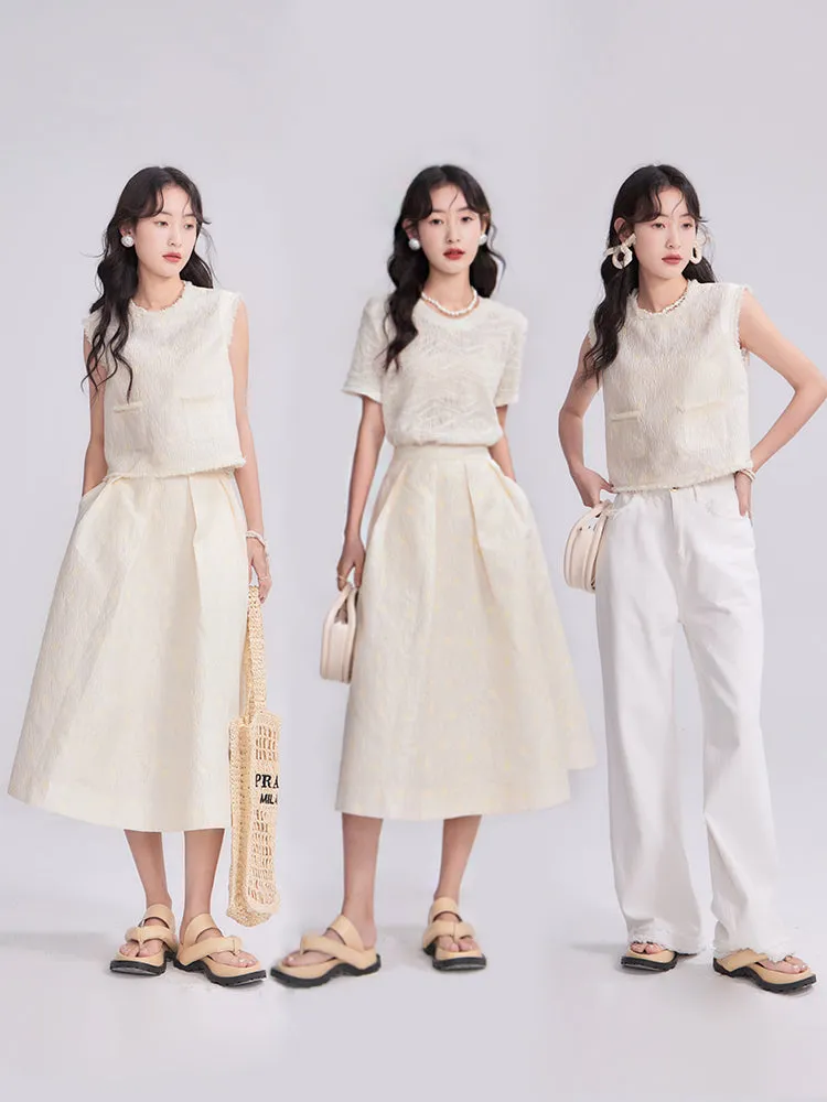 Natural Sleeveless Simple Chic Tops&Flare-Skirt