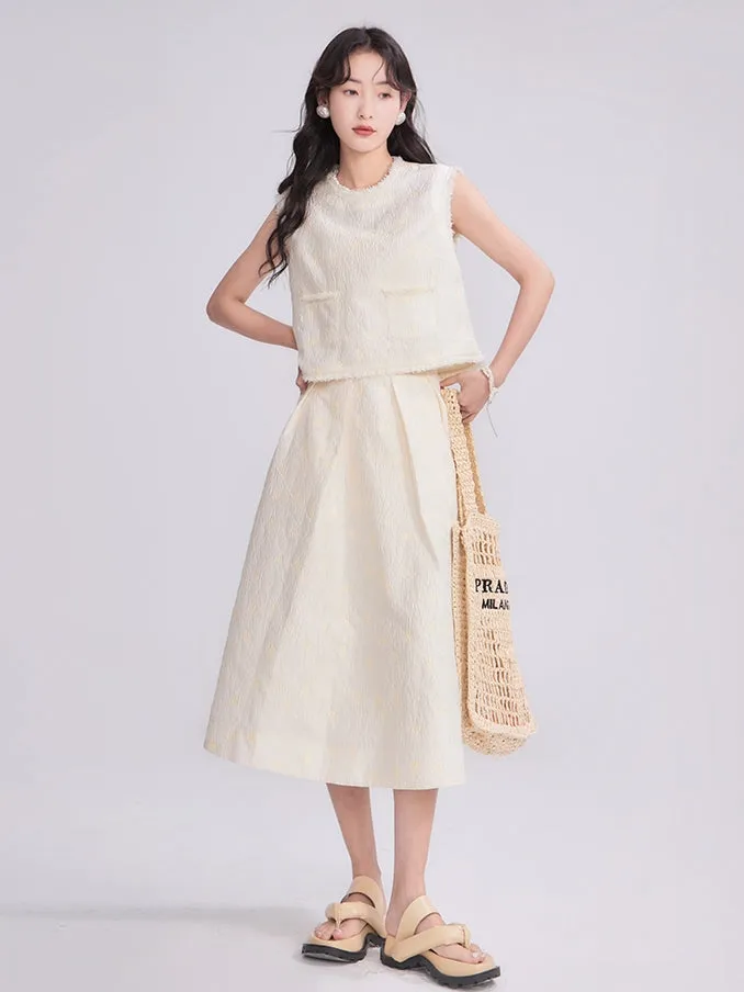Natural Sleeveless Simple Chic Tops&Flare-Skirt