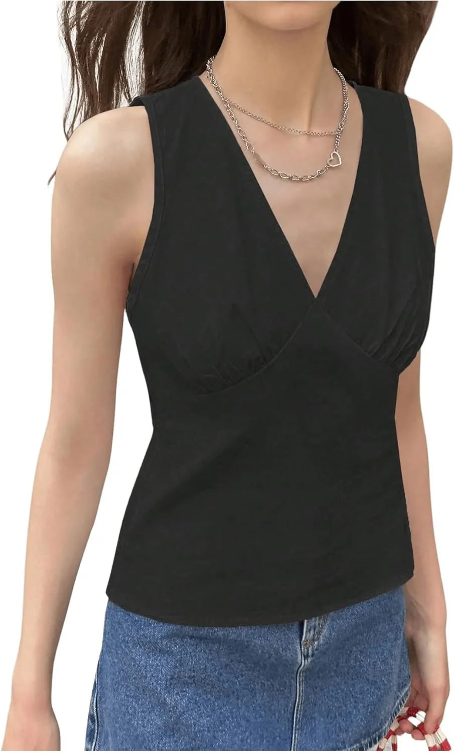 OYOANGLE Women's Minimalist V Neck Sleeveless Blouses Ruched Slim Fit Casual Tank Tops