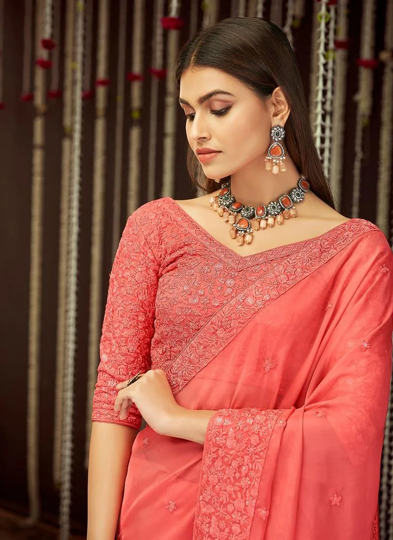 Partywear Peach Color Organza Base Saree With Heavy Work V Neck Blouse