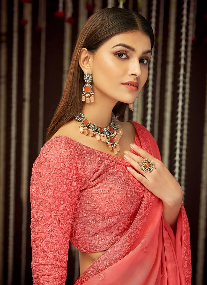 Partywear Peach Color Organza Base Saree With Heavy Work V Neck Blouse