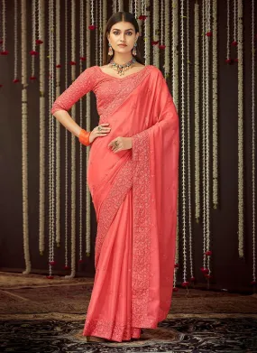 Partywear Peach Color Organza Base Saree With Heavy Work V Neck Blouse