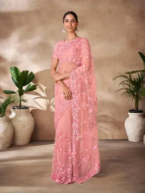 Peach color net base zarkan, thread and embroidered saree