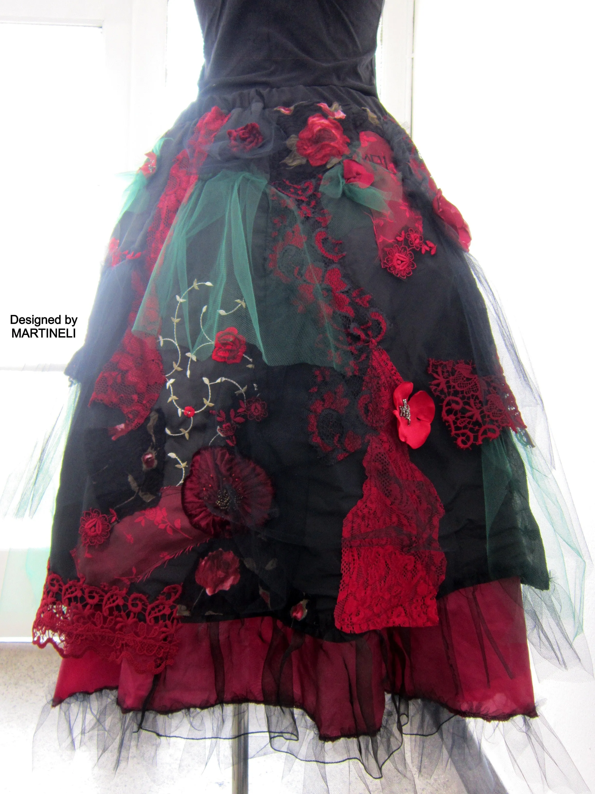 Plus Size Black Shabby Chic Long Skirt, Gypsy Embroidered Skirt,Long Wedding Skirt