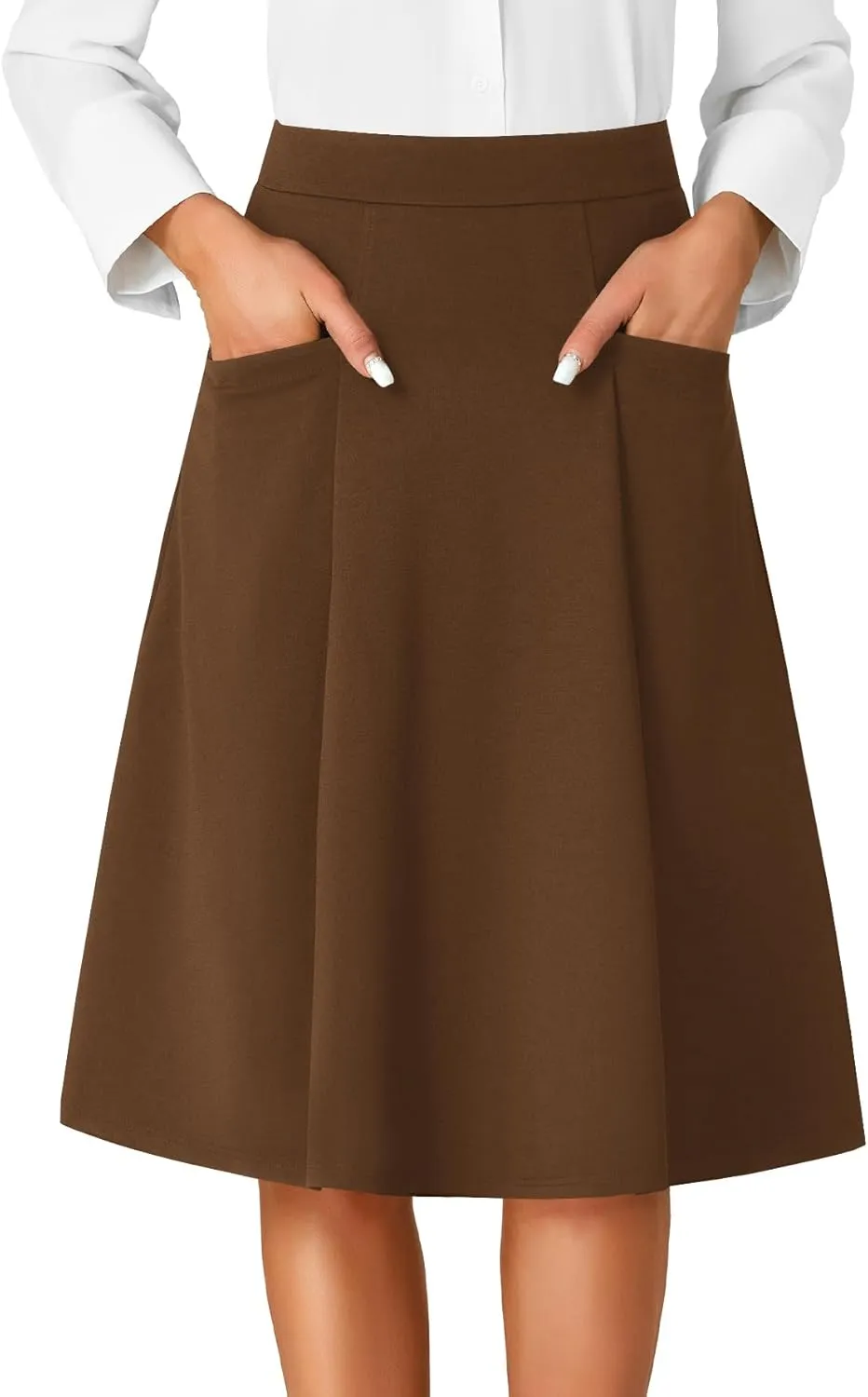 Rooscier Women's High Waist Pleated Flared A Line Elegant Midi Skirt with Pockets