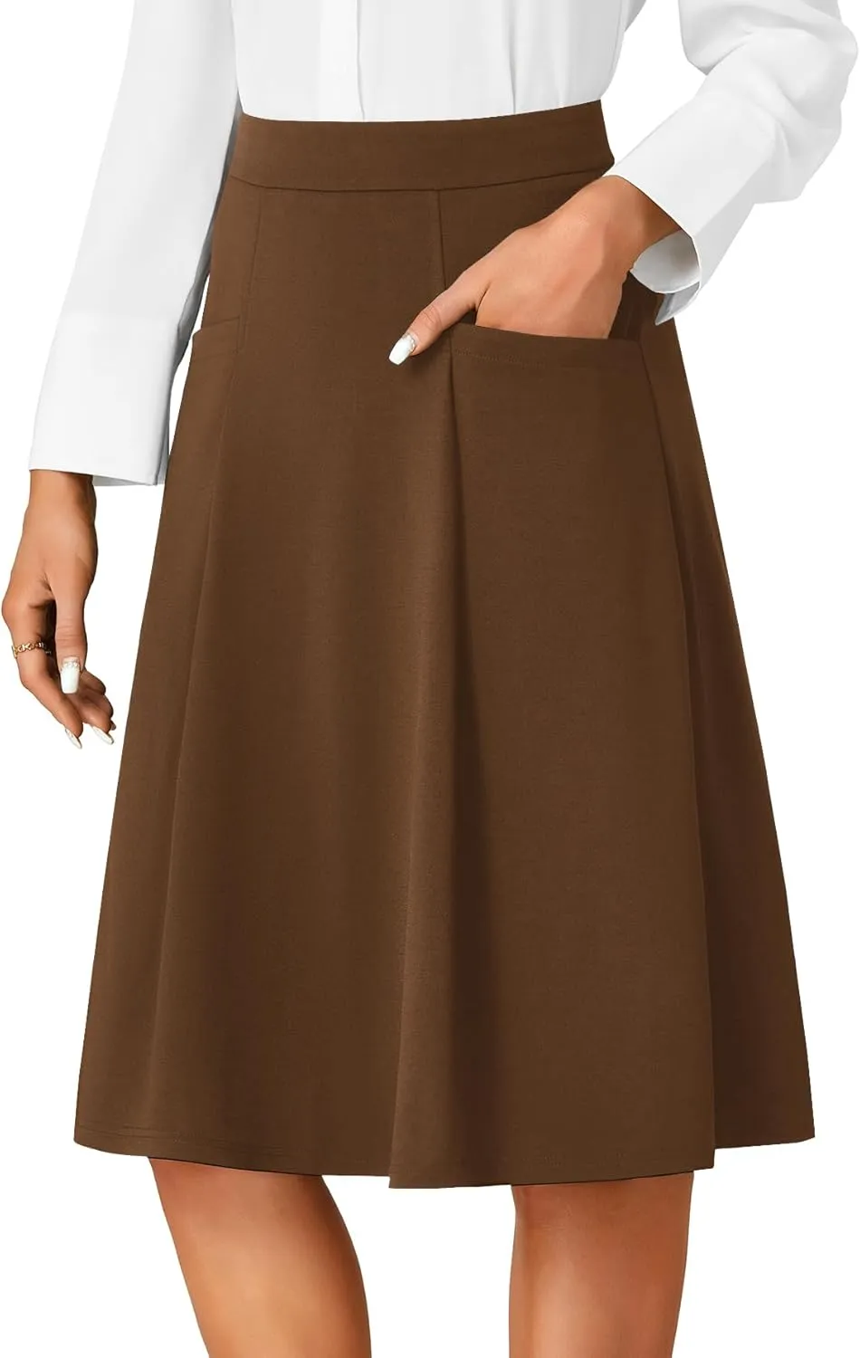 Rooscier Women's High Waist Pleated Flared A Line Elegant Midi Skirt with Pockets
