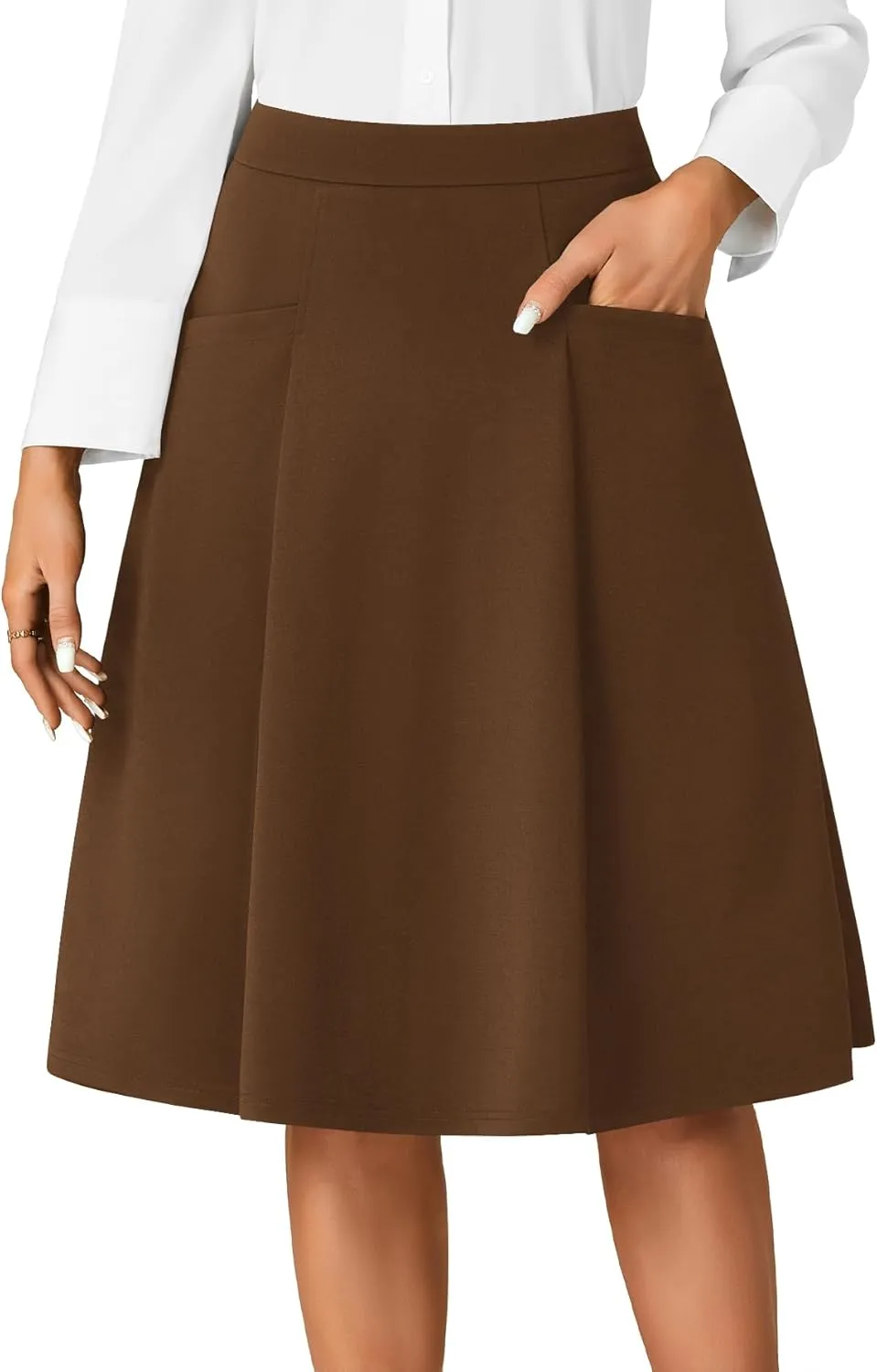 Rooscier Women's High Waist Pleated Flared A Line Elegant Midi Skirt with Pockets