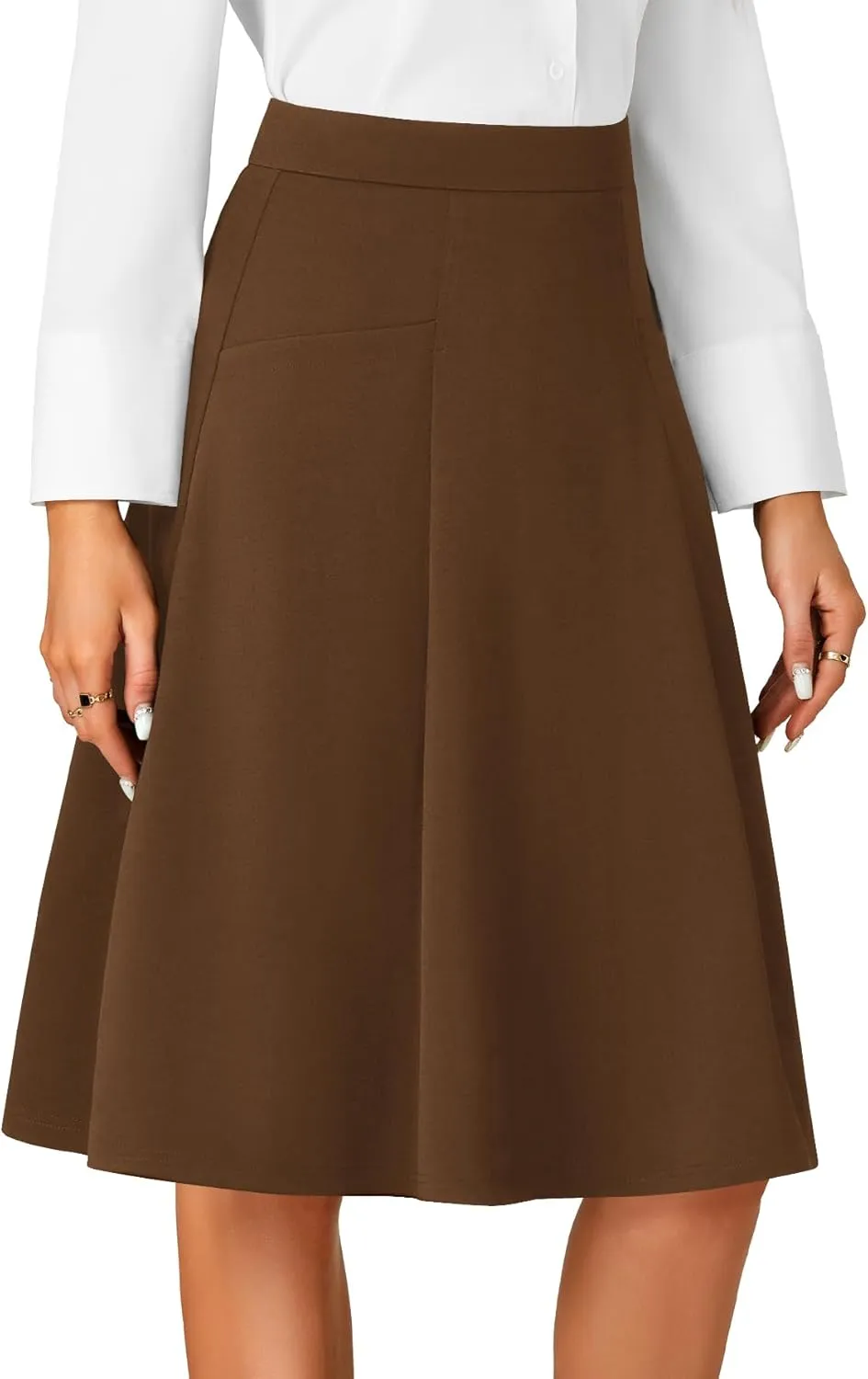 Rooscier Women's High Waist Pleated Flared A Line Elegant Midi Skirt with Pockets