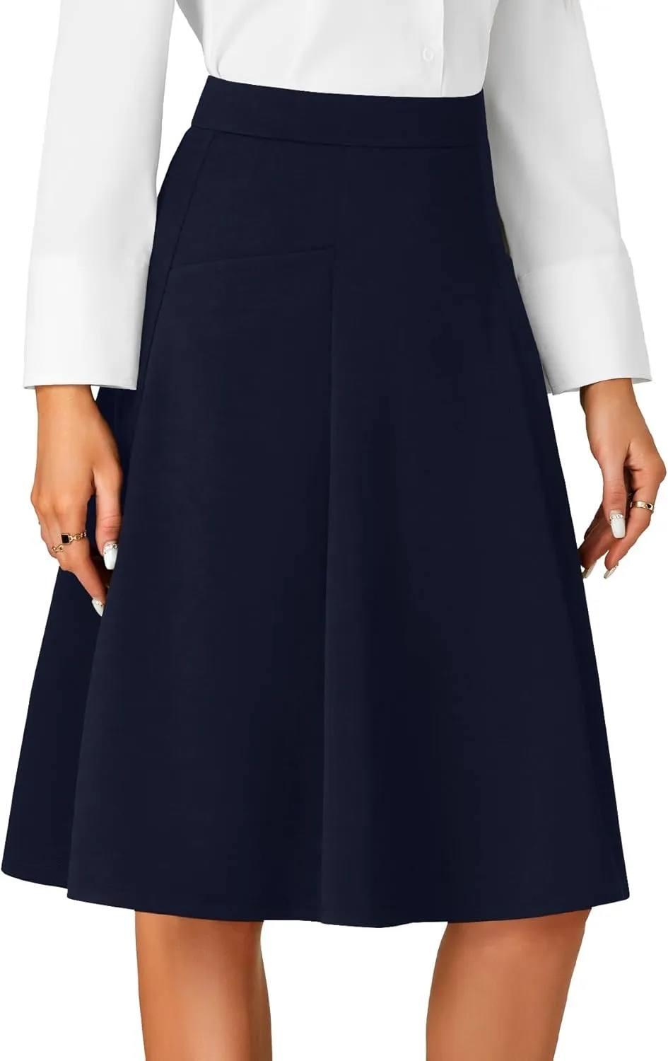 Rooscier Women's High Waist Pleated Flared A Line Elegant Midi Skirt with Pockets